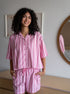 Women Summer Pajama Set Pink Stripes Buttoned Shirt + Shorts